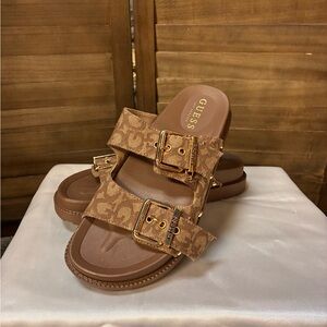 GUESS Brown Monogram Double Buckle Slide Sandals